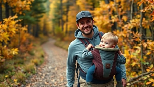 Young dad walks with baby in forest carrier, best gifts for outdoorsy dads.