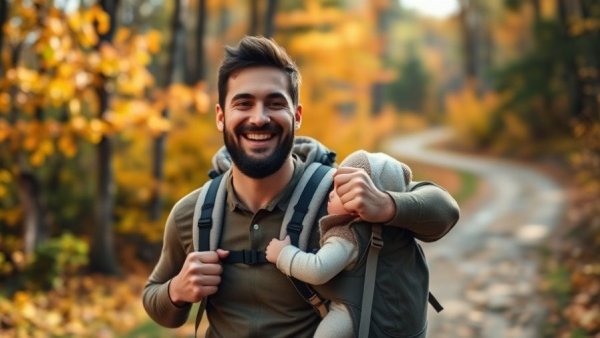 Outdoorsy dad hiking with baby in forest, best gifts for outdoorsy dads.