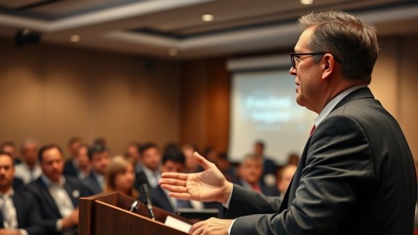 Middle-aged man presenting at podium during a conference, Ashtabula County Sustainable Living.