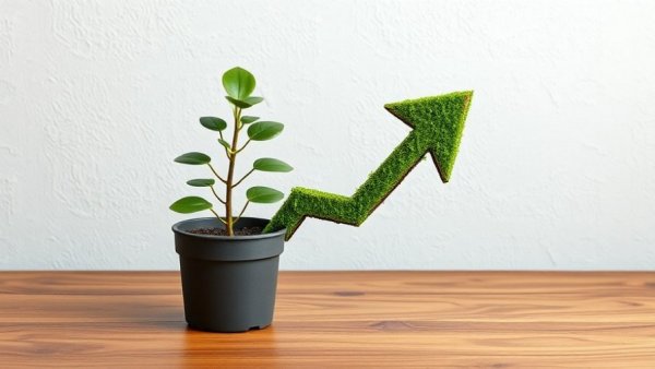 Symbolic green plant arrow on table for Alameda sustainability leadership.