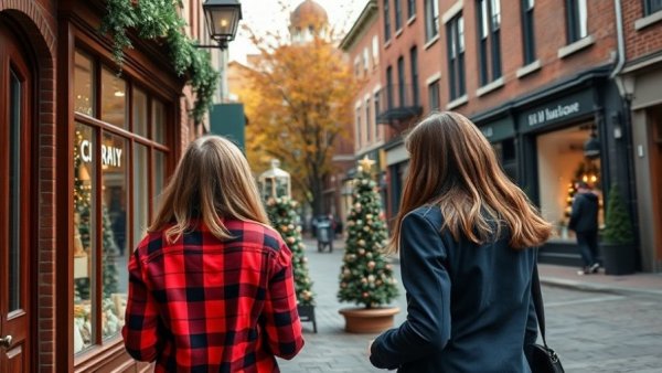 Women enjoy sustainable holiday shopping in Old Town, window shopping.
