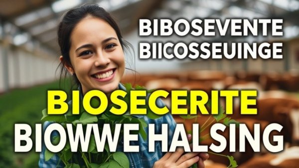 Importance of biosecurity in animal housing emphasized with woman and plant.