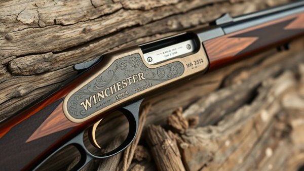 Winchester Model 1894 deer rifle with engraved stock against rustic wood.
