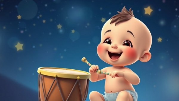 Animated baby playing with drum, Children Fun, colorful and joyful scene.