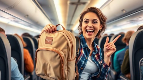 Excited traveler with beige backpack in airplane, Best Travel Backpack for 2026.