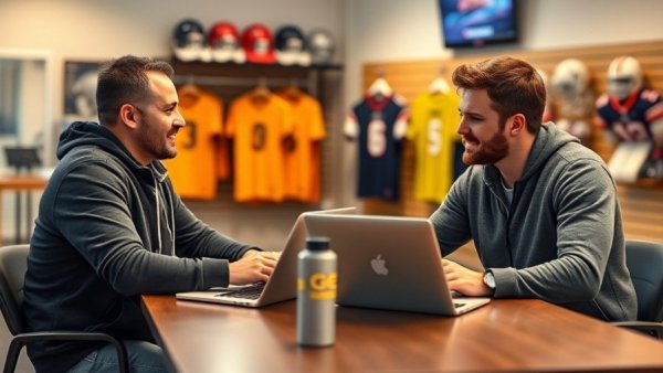 Two men discussing triathlon in a sports studio setting.