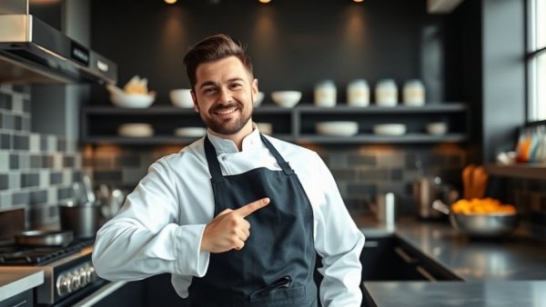 Confident chef in a modern kitchen, promotes Healthy dining Ohio menu.