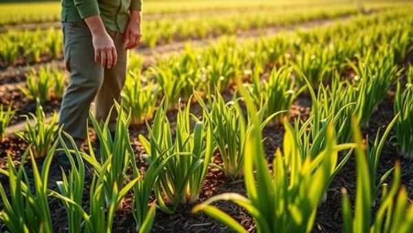 Gardener explaining shallot growth techniques in a lush garden bed.