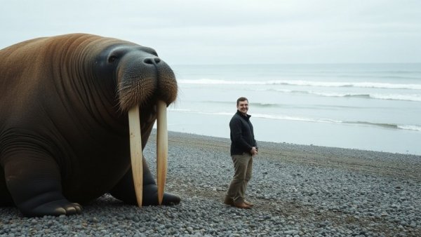 Man unwinds outdoors solo next to walrus on a pebbled beach.