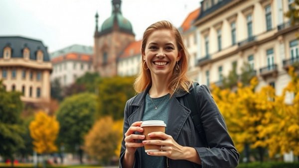 Traveler enjoying Warsaw, showcasing iconic architecture and autumn foliage.