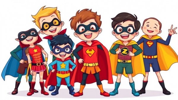 Children in superhero costumes, Kid Stories theme, playful display.