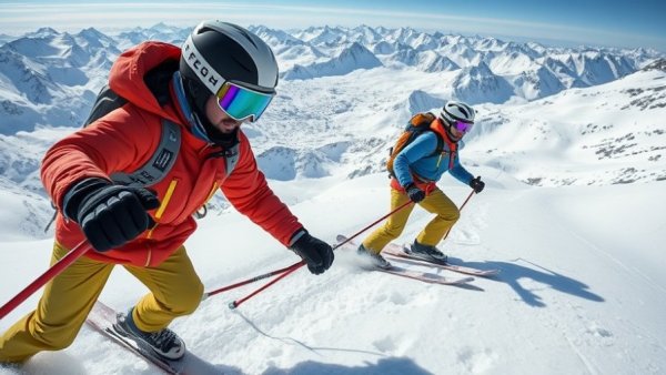 Outdoor brand collaborations 2025: Skiers climbing a snowy mountain.