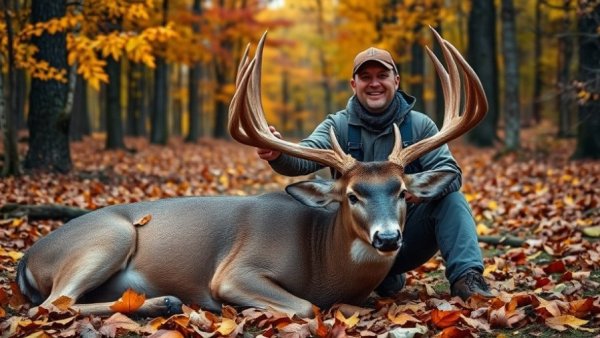 Cactus Jack 34-Point Buck with proud hunter in autumn forest.