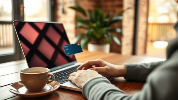 Person shopping online for Black Friday, credit card in hand, cozy setup.