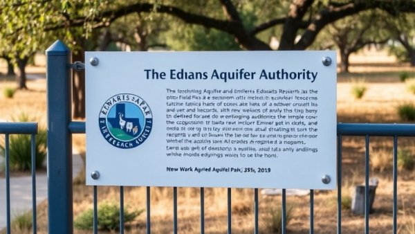 Edwards Aquifer Authority Field Research Park sign on a gate with trees in background.