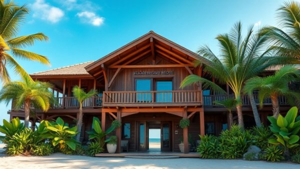 Eco-friendly beachfront resort entrance showcasing sustainable hospitality tourism.