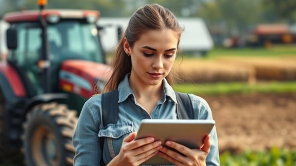 Illustration of spatial resolution in agricultural imagery with a young woman holding a tablet.