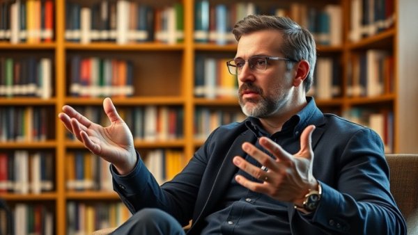 Informative man discussing cancer in a library setting, Coffee and Cancer.