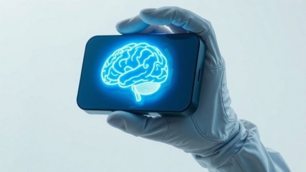 Futuristic device with neon brain hologram, symbolizing breakthrough discoveries.