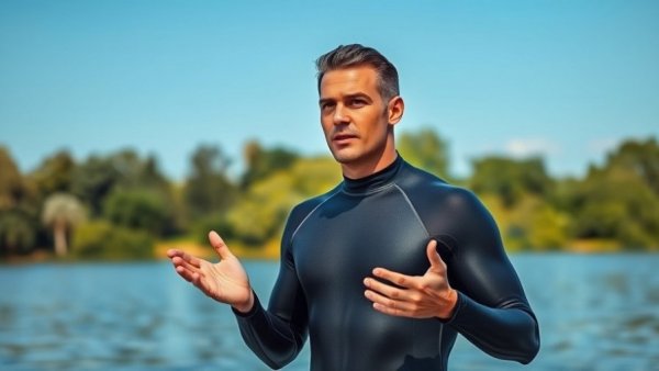 Swimmer in wetsuit by lake explaining open water breathing technique.