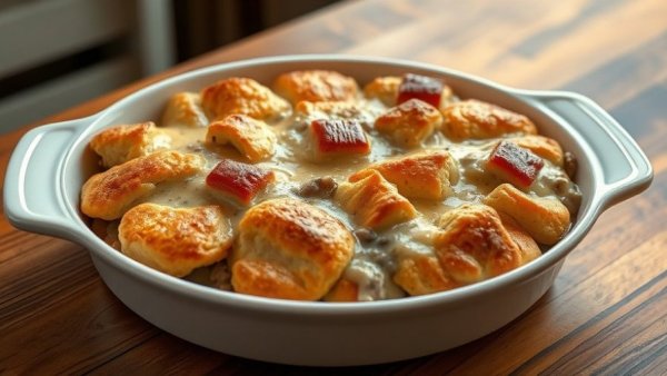 Delicious sausage biscuit gravy casserole in baking dish.