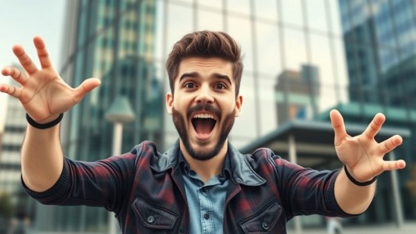 Excited presenter outside modern building, discussing Google's authority.