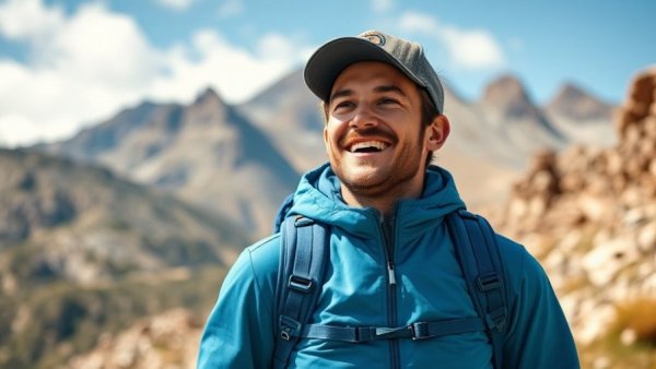 Outdoor enthusiast in blue hiking gear smiles on mountain adventure.