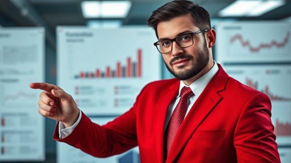 Professional in red suit highlighting top income investments on a portfolio chart.