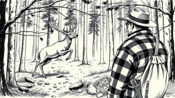 Vintage hunter illustration observing leaping whitetail deer in forest.