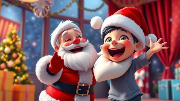 Children Fun: Cheerful Santa and animated child dancing, Pixar style.