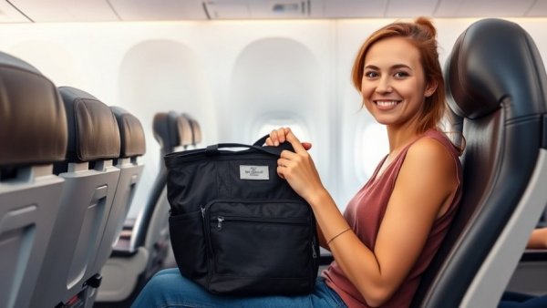 Woman showcasing Under Seat Genius Bag for a Flight in airplane.