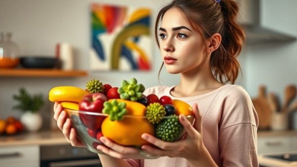 Young woman with fruit bowl promoting a healthy lifestyle.