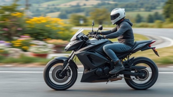 2026 Maeving RM2 electric motorcycle being reviewed on a scenic road.