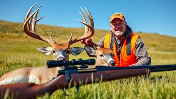 Hunter with deer displays successful hunt in open field.