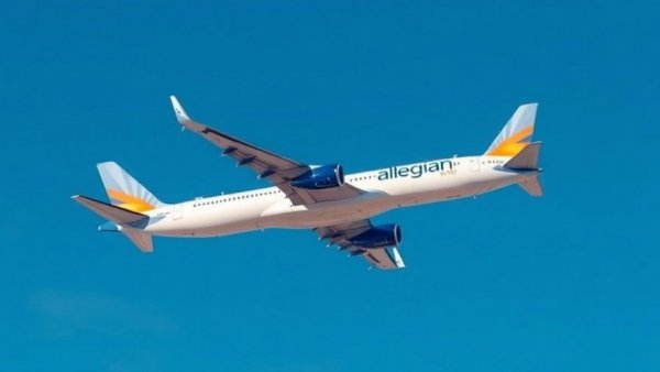 Allegiant Air airplane soaring under a clear blue sky.