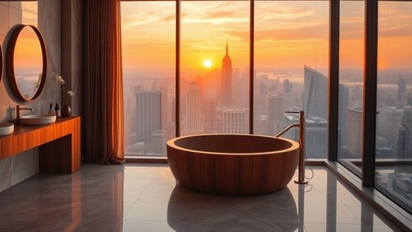 Eco-luxury interiors with city skyline view from bathroom.