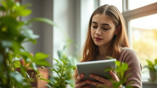 Signs of Too Little Water in Plants: Woman with tablet near plants, pondering.