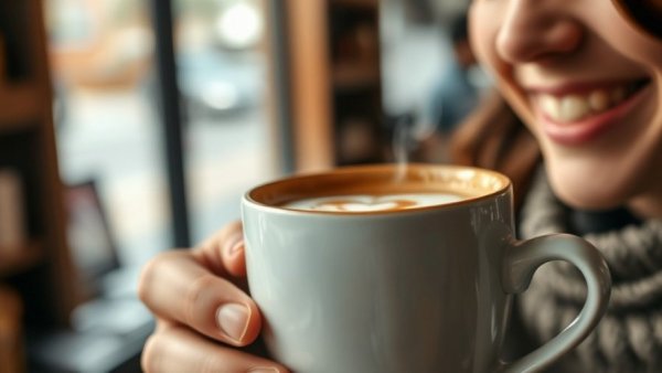 Cup of coffee with heart art and person smiling, coffee and arrhythmia.