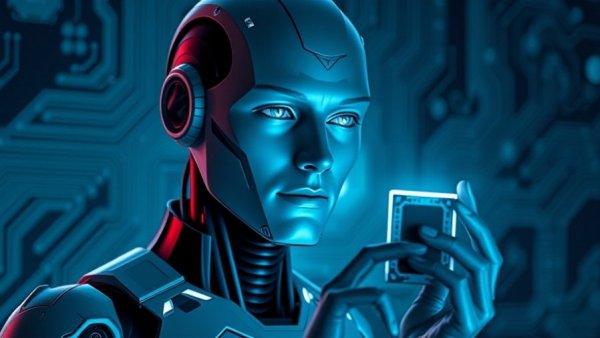 Futuristic tech trends 2027, digital chip held by humanoid.