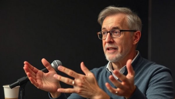 Middle-aged man discussing in a studio setting, illustrating 'Why Memorizing Speeches Hurts Your Performance' topic.