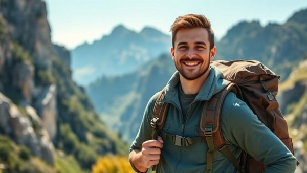 Hiker with backpack in Glacier National Park, scenic mountain backdrop.