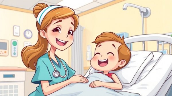 Children health MyChart cartoon of nurse and child patient in hospital.