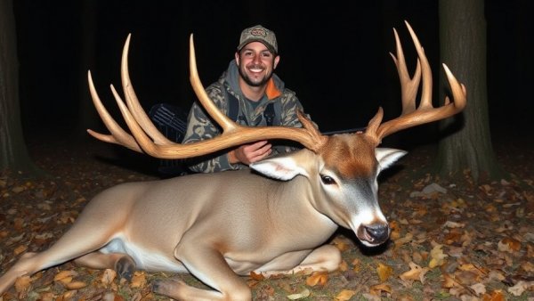 Missouri bowhunter with trophy 180-class buck at night.