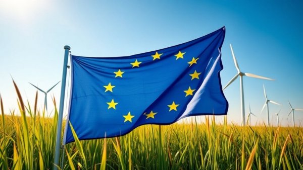 EU flag waving in a wind farm, symbolizing EU sustainability and renewable energy.