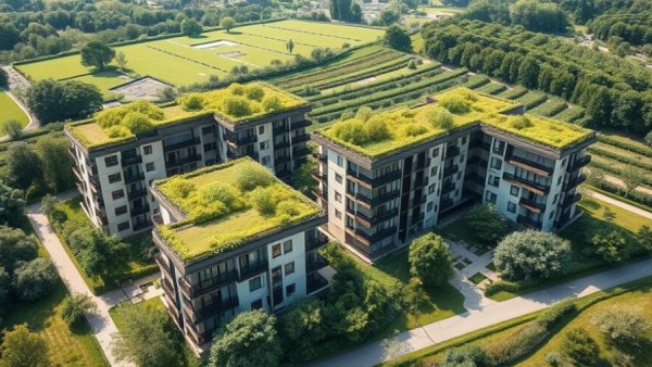 Modern buildings with green roofs showcasing sustainable architecture in a lush setting, highlighting green roof policies.