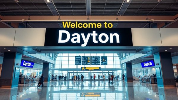 Dayton airport terminal highlights new Allegiant nonstop route to Myrtle Beach.