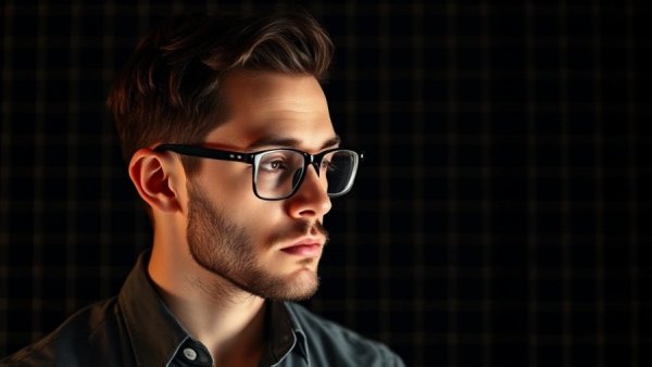 Focused man envisioning marketing strategies for 2026 against a dark grid background.