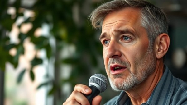 Casual man discussing on microphone, meetings waste time.