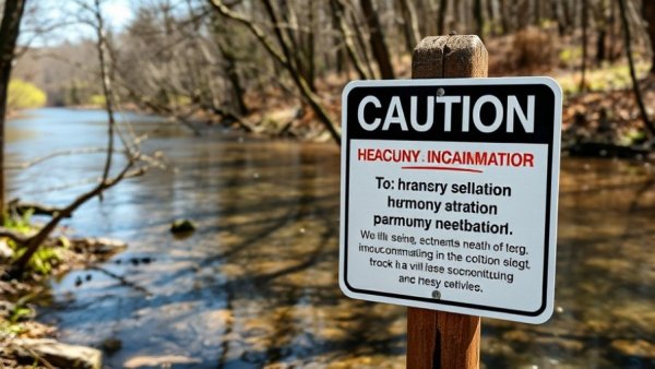 Sign near Dyer Pond warns of mercury contamination, Clean Water Act changes.