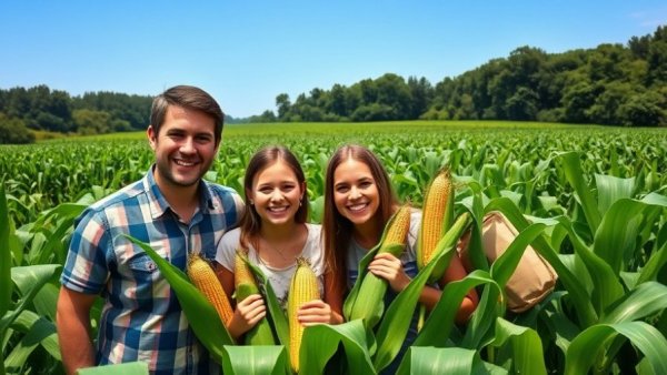 Family in Iowa cornfield showcasing sustainable farming practices.